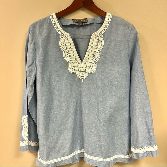 Point Sur linen/cotton blend embroidered top size L - Picture 1 of 9